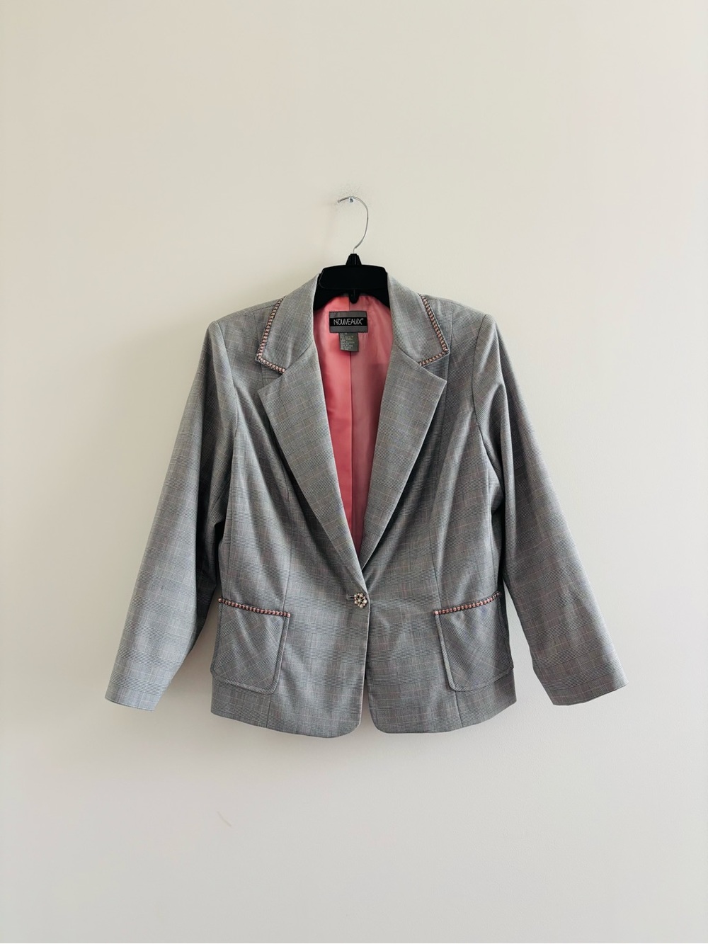 VTG Nouveaux Blazer Gray Pink Plaid Womens 14 Office Preppy Barbie Academia 90s